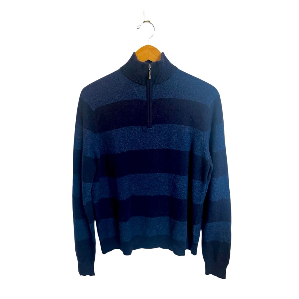 QI New York Men 100% Cashmere Sweater Pullover Striped 1/4 Zip Blue Size Large